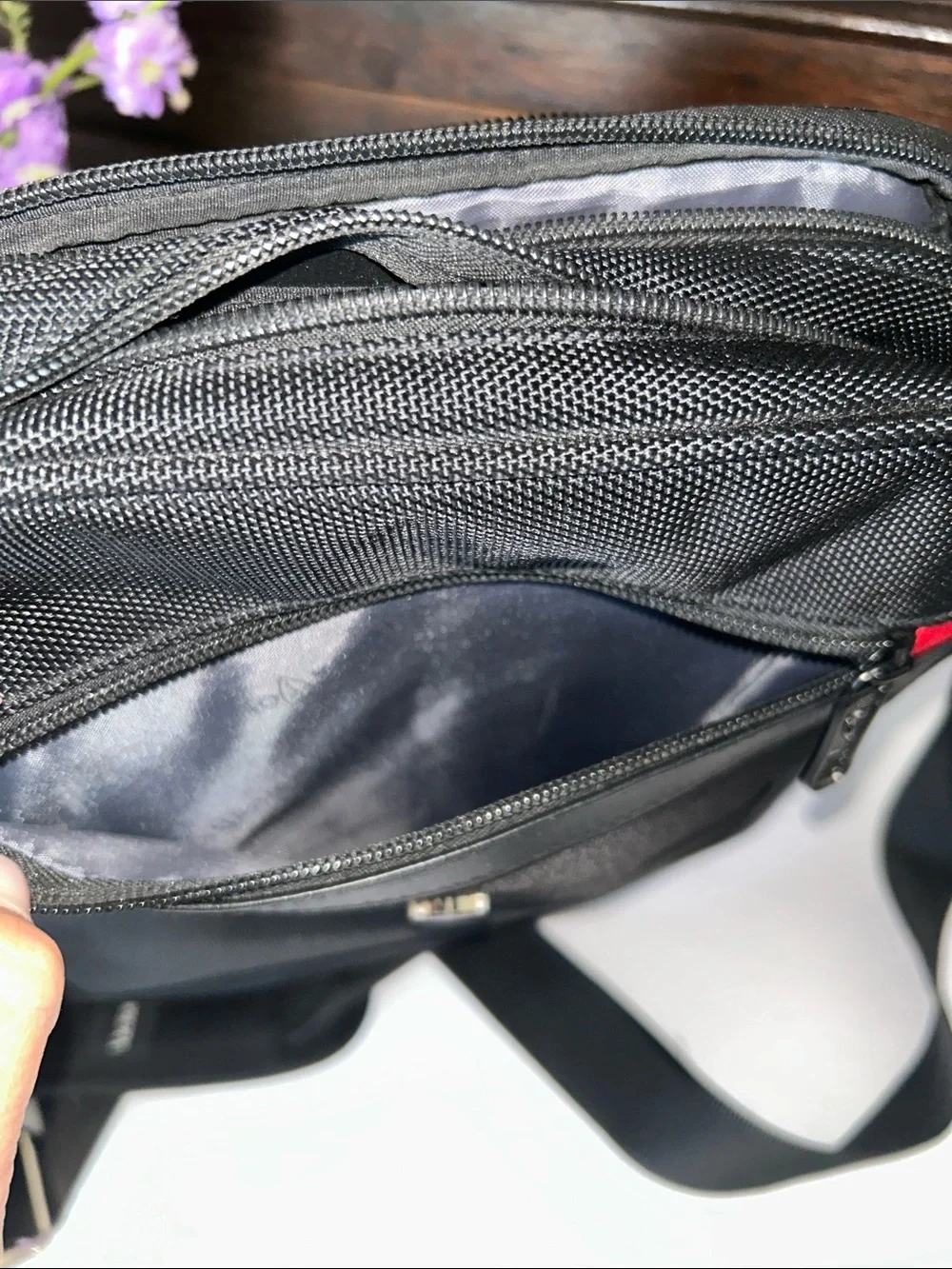 Victoria Tourist Black Messenger Bag with Red Accent Strip